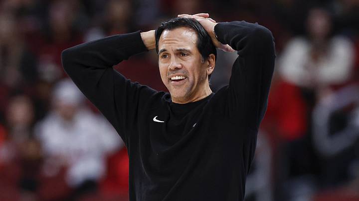 Miami Heat head coach Erik Spoelstra reacts (Mandatory Credit: Kamil Krzaczynski-Imagn Images)