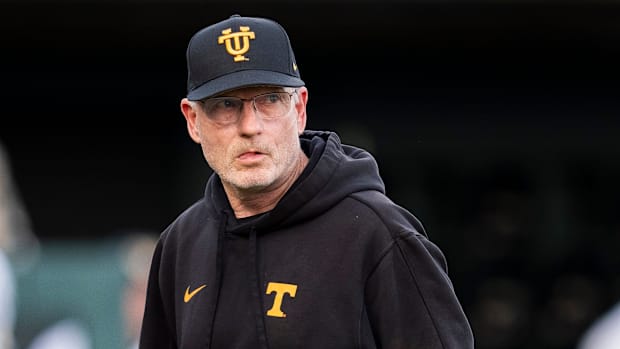 Tennessee pitching coach Frank Anderson during a college baseball 