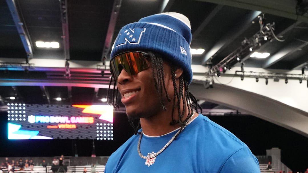 Feb 1, 2026; San Francisco, CA, USA; Detroit Lions running back Jahmyr Gibbs (0) during NFC practice at the Flag Fieldhouse Moscone Center South Building. Mandatory Credit: Kirby Lee-Imagn Images