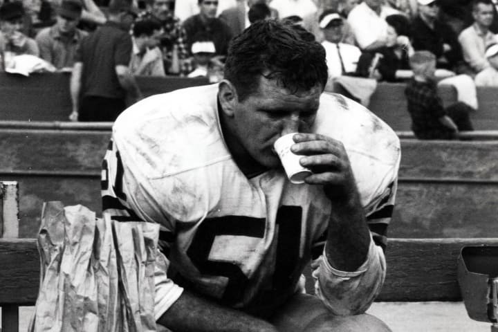 Unknown date; Los Angeles, CA, USA; FILE PHOTO; Green Bay Packers center Jim Ringo (51) on the sidelines.