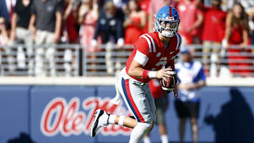 Sep 7, 2024; Oxford, Mississippi, USA; Mississippi Rebels quarterback Jaxson Dart (2) scrambles out of the backfield during the first half against the Middle Tennessee Blue Raiders at Vaught-Hemingway Stadium. Mandatory Credit: Petre Thomas-Imagn Images