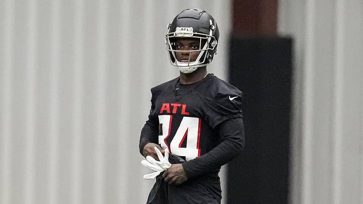 May 12, 2023; Flowery Branch, GA, USA; Atlanta Falcons cornerback Clark Phillips III (34) shown on the field during rookie camp at IBM Performance Field. Mandatory Credit: Dale Zanine-Imagn Images