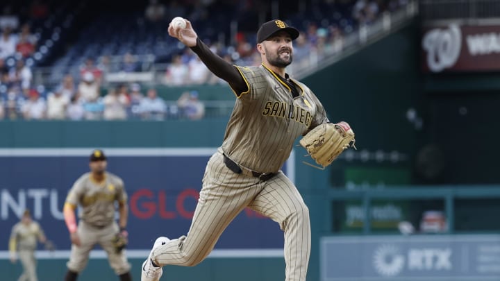 Jul 24, 2024; Washington, District of Columbia, USA; San Diego Padres starting pitcher Matt Waldron (61) pitches against the Washington Nationals during the first inning at Nationals Park. Mandatory Credit: Geoff Burke-USA TODAY Sports