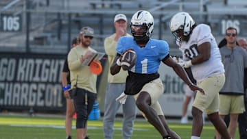 UCF quarterback Jacurri Brown during UCF Spring football practice at FBC Mortgage Stadium in Orlando, Friday, April 11, 2025.