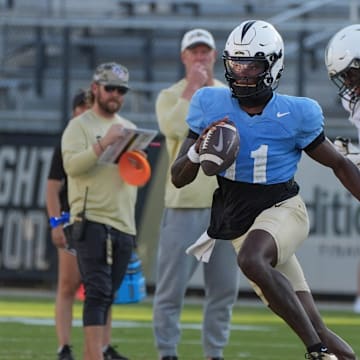 UCF quarterback Jacurri Brown during UCF Spring football practice at FBC Mortgage Stadium in Orlando, Friday, April 11, 2025.