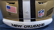 Mar 11, 2023; Metairie, LA, USA;  Detailed view of New Orleans Saints helmet at Ochsner Sports Performance Center. Mandatory Credit: Stephen Lew-Imagn Images