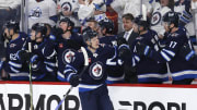 Apr 21, 2024; Winnipeg, Manitoba, CAN; Winnipeg Jets center Vladislav Namestnikov (7) celebrates his