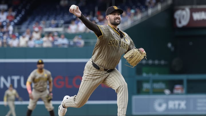 Jul 24, 2024; Washington, District of Columbia, USA; San Diego Padres starting pitcher Matt Waldron (61) pitches against the Washington Nationals during the first inning at Nationals Park. Mandatory Credit: Geoff Burke-USA TODAY Sports