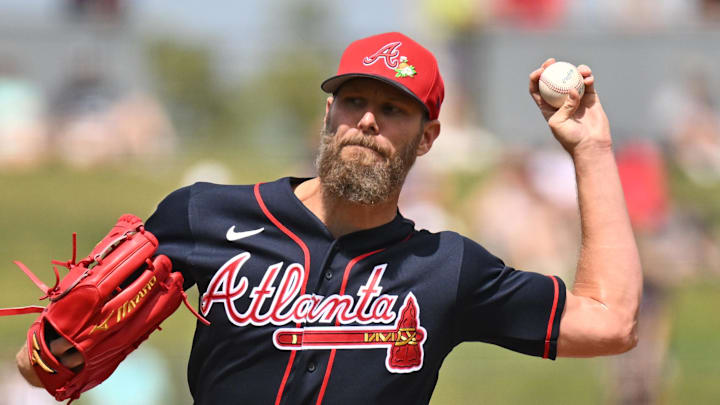 Feb 27, 2026; North Port, Florida, USA; Atlanta Braves starting pitcher Chris Sale (51) throws a pitch in the first inning against the Boston Red Sox during spring training at CoolToday Park. Mandatory Credit: Jonathan Dyer-Imagn Images