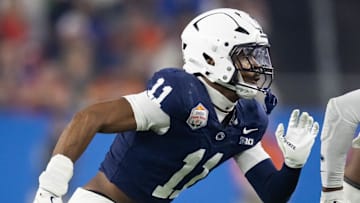 Dec 31, 2024; Glendale, AZ, USA; Penn State Nittany Lions defensive end Abdul Carter (11) against the Boise State Broncos in the Fiesta Bowl at State Farm Stadium. Mandatory Credit: Mark J. Rebilas-Imagn Images
