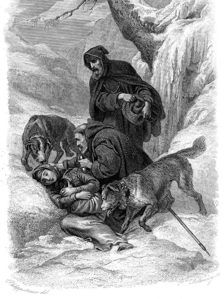 Augustinian canons and their St Bernard dogs rescuing a traveller, Switzerland.