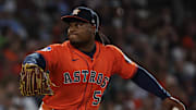 Jul 12, 2025; Houston, Texas, USA; Houston Astros starting pitcher Framber Valdez (59) pitches against the Texas Rangers  in the first inning at Daikin Park. Mandatory Credit: Thomas Shea-Imagn Images