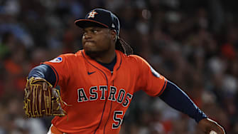 Jul 12, 2025; Houston, Texas, USA; Houston Astros starting pitcher Framber Valdez (59) pitches against the Texas Rangers  in the first inning at Daikin Park. Mandatory Credit: Thomas Shea-Imagn Images