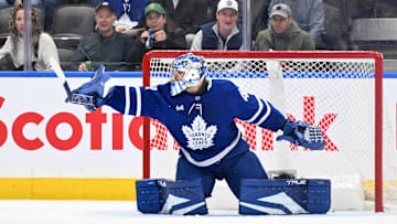 Mar 15, 2025; Toronto, Ontario, CAN;  Toronto Maple Leafs goalie Anthony Stolarz (41) makes a save against the Ottawa Senators in the first period at Scotiabank Arena. Mandatory Credit: Dan Hamilton-Imagn Images
