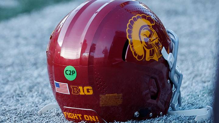 Sep 21, 2024; Ann Arbor, Michigan, USA;  USC Trojans helmet on the field during the game against the Michigan Wolverines at Michigan Stadium. Mandatory Credit: Rick Osentoski-Imagn Images