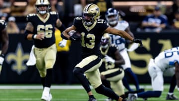 Aug 25, 2024; New Orleans, Louisiana, USA;  New Orleans Saints wide receiver Equanimeous St. Brown (13) catches a pass against the Tennessee Titans during the first half at Caesars Superdome. Mandatory Credit: Stephen Lew-USA TODAY Sports