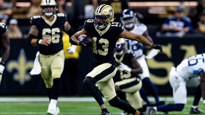 Aug 25, 2024; New Orleans, Louisiana, USA;  New Orleans Saints wide receiver Equanimeous St. Brown (13) catches a pass against the Tennessee Titans during the first half at Caesars Superdome. Mandatory Credit: Stephen Lew-USA TODAY Sports