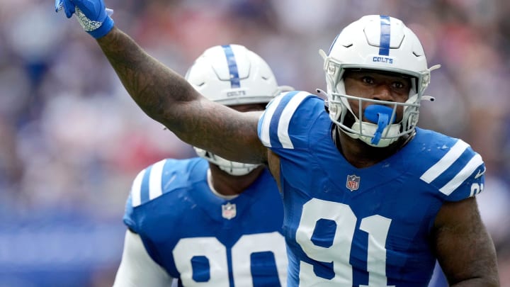 Indianapolis Colts defensive end Yannick Ngakoue (91) celebrates after sacking Kansas City Chiefs quarterback Patrick Mahomes (15) on Sunday, Sept. 25, 2022, during a game against the Kansas City Chiefs at Lucas Oil Stadium in Indianapolis.