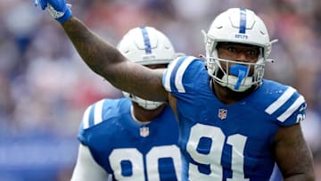 Indianapolis Colts defensive end Yannick Ngakoue (91) celebrates after sacking Kansas City Chiefs