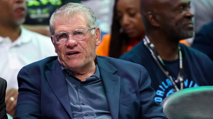 Jun 17, 2025; Arlington, Texas, USA; University of Connecticut head coach Geno Auriemma watches the game between the Dallas Wings and Golden State Valkyries at College Park Center. Mandatory Credit: Kevin Jairaj-Imagn Images Jun 17, 2025; Arlington, Texas, USA; University of Connecticut head coach Geno Auriemma watches the game between the Dallas Wings and Golden State Valkyries at College Park Center. Mandatory Credit: Kevin Jairaj-Imagn Images