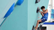 Aug 9, 2024; Le Bourget, France; Sorato Anraku (JPN) competes in the menís boulder and lead final during the Paris 2024 Olympic Summer Games at Le Bourget Sport Climbing Venue. Mandatory Credit: Amber Searls-Imagn Images