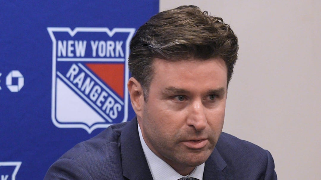 NY Rangers president and general manager Chris Drury speaks during a press conference to introduce new head coach Mike Sullivan at the MSG Training Center in Tarrytown, New York May 8, 2025.