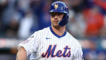 Oct 18, 2024; New York City, New York, USA; New York Mets first baseman Pete Alonso (20) celebrates his three run home run during the first inning against the Los Angeles Dodgers during game five of the NLCS for the 2024 MLB playoffs at Citi Field