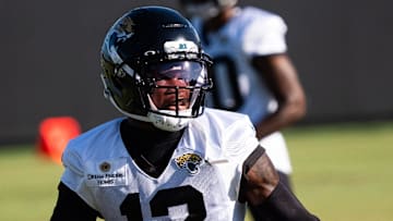 Jacksonville Jaguars wide receiver Travis Hunter (12) runs drills during an NFL training camp seventh session at the Miller Electric Center, Thursday, July 31, 2025, in Jacksonville, Fla. [Doug Engle/Florida Times-Union]
