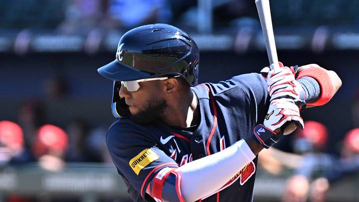 Feb 25, 2026; North Port, Florida, USA;  Atlanta Braves left fielder Jurickson Profar (17) bats in the first inning against the Pittsburgh Pirates during spring training at CoolToday Park. Mandatory Credit: Jonathan Dyer-Imagn Images