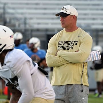 UCF Head Football Coach Scott Frost during UCF Spring football practice at FBC Mortgage Stadium in Orlando, Friday, April 11, 2025.