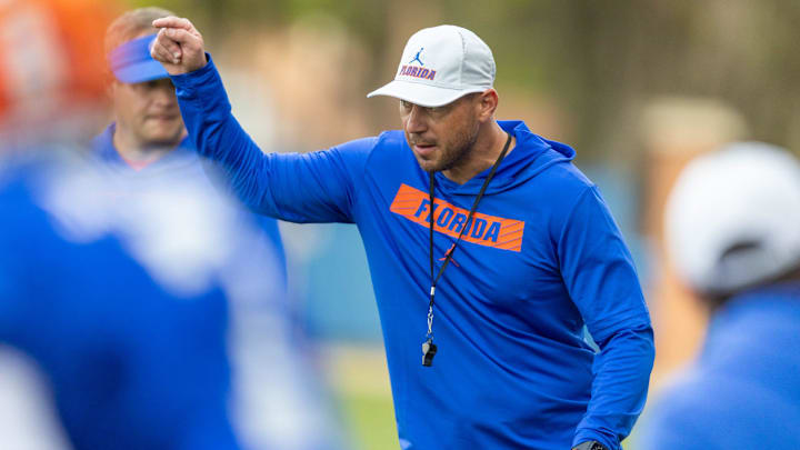 Florida head football coach Jon Sumrall reacts during spring practice at Sanders Practice Fields in Gainesville, FL on Tuesday, March 24, 2026. [Alan Youngblood/Gainesville Sun]