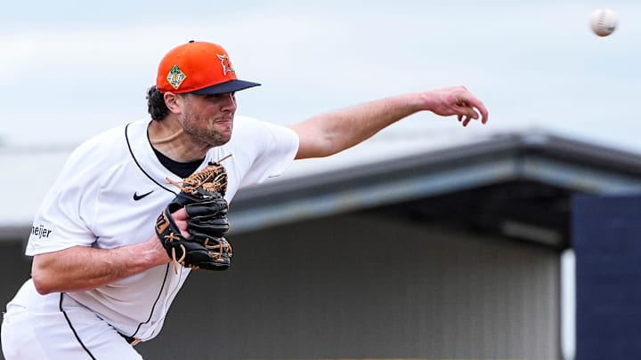 Detroit Tigers pitcher Brant Hurter throws at live batting practice during spring training at TigerTown in Lakeland, Fla. on Monday, Feb. 16, 2026.