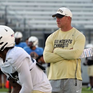 UCF Head Football Coach Scott Frost during UCF Spring football practice at FBC Mortgage Stadium in Orlando, Friday, April 11, 2025.