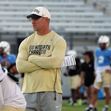 UCF Head Football Coach Scott Frost during UCF Spring football practice at FBC Mortgage Stadium in Orlando, Friday, April 11, 2025.