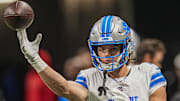 Detroit Lions wide receiver Isaac TeSlaa (18) warms up on the field prior to the game against the Atlanta Falcons 