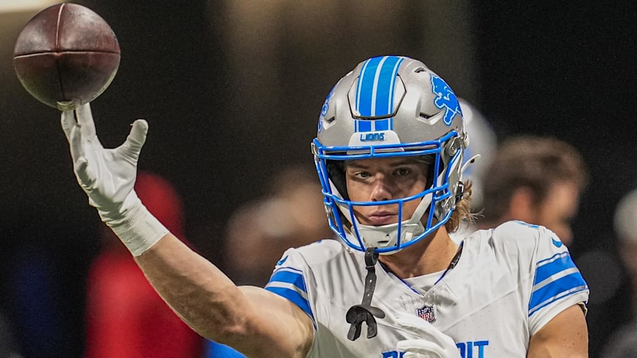 Detroit Lions wide receiver Isaac TeSlaa (18) warms up on the field prior to the game against the Atlanta Falcons  | Dale Zanine-Imagn Images