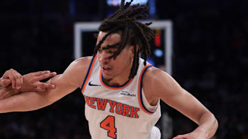Oct 13, 2025; New York, New York, USA; New York Knicks forward Pacome Dadiet (4) dribbles during the first half against the Washington Wizards at Madison Square Garden. Mandatory Credit: Vincent Carchietta-Imagn Images