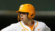 Tennessee utility Dalton Bargo (16) points to the dugout after hitting a home run during a NCAA baseball game between Tennessee and St. Bonaventure at Lindsey Nelson Stadium on Friday, March 6, 2025.