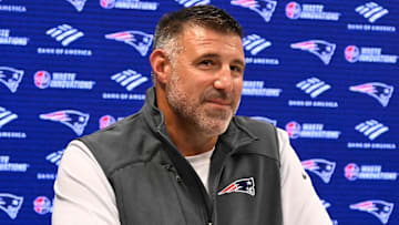 May 9, 2025; Foxborough, MA, USA;  New England Patriots head coach Mike Vrabel speaks the to media during a press conference at Gillette Stadium. Mandatory Credit: Eric Canha-Imagn Images