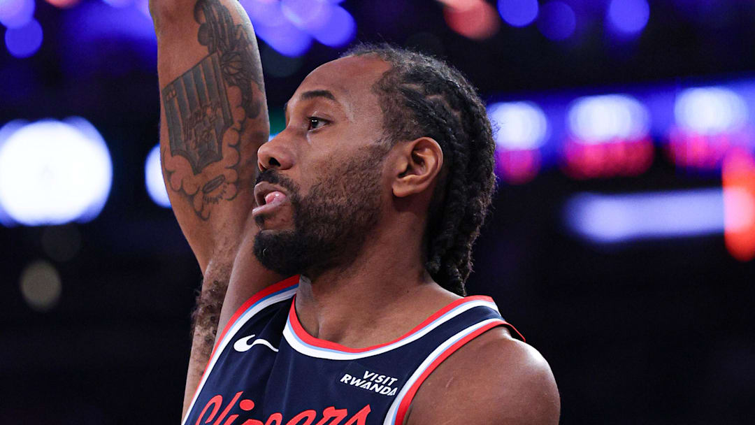 Jan 7, 2026; New York, New York, USA; LA Clippers forward Kawhi Leonard (2) looks up after  shot during the first half against the New York Knicks at Madison Square Garden. Mandatory Credit: Vincent Carchietta-Imagn Images