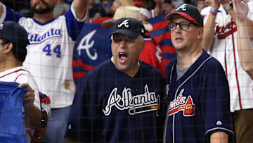 Atlanta Braves fans celebrate after the team defeated the Houston Astros in game six of the 2021 World Series at Minute Maid Park.