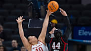 Nebraska center Alexis Markowski blocks a Rutgers shot in the first round of the Big Ten Tournament in Indianapolis on March 5, 2025.