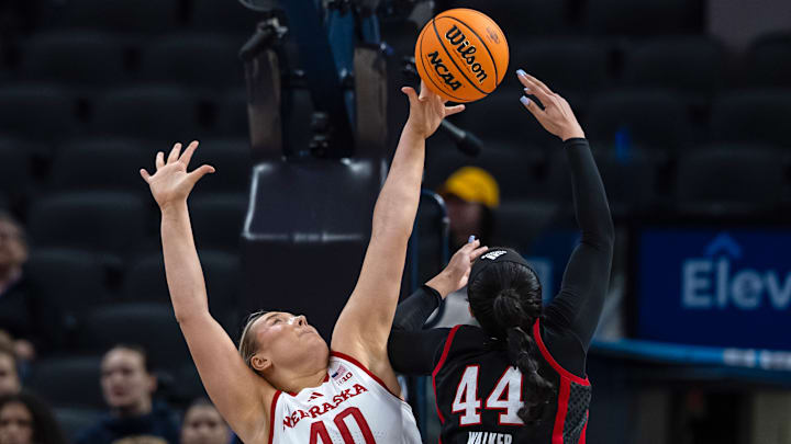 Nebraska center Alexis Markowski blocks a Rutgers shot in the first round of the Big Ten Tournament in Indianapolis on March 5, 2025. Nebraska center Alexis Markowski blocks a Rutgers shot in the first round of the Big Ten Tournament in Indianapolis on March 5, 2025.