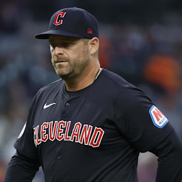 Jul 10, 2024; Detroit, Michigan, USA;  Cleveland Guardians manager Stephen Vogt (12) walks back to the dugout during the seventh inning against the Detroit Tigers at Comerica Park. Mandatory Credit: Rick Osentoski-Imagn Images