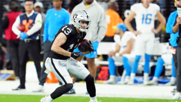 Dec 14, 2023; Paradise, Nevada, USA; Las Vegas Raiders wide receiver Hunter Renfrow (13) runs against the Los Angeles Chargers in the first quarter at Allegiant Stadium. Mandatory Credit: Stephen R. Sylvanie-USA TODAY Sports