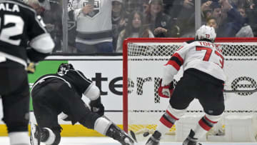 Mar 3, 2024; Los Angeles, California, USA; Los Angeles Kings center Phillip Danault (24) scores a