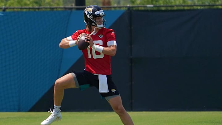 May 27, 2021; Jacksonville, Florida, USA; Jacksonville Jaguars quarterback Trevor Lawrence (16) participates in drills during OTA at the Dream Finders Homes Practice Complex. Mandatory Credit: Jasen Vinlove-Imagn Images May 27, 2021; Jacksonville, Florida, USA; Jacksonville Jaguars quarterback Trevor Lawrence (16) participates in drills during OTA at the Dream Finders Homes Practice Complex. Mandatory Credit: Jasen Vinlove-Imagn Images