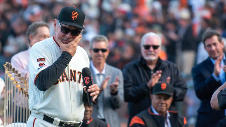 Sep 29, 2019; San Francisco, CA, USA; San Francisco Giants manager Bruce Bochy (15) speaks during a tribute to his time as a Giant after the game against the Los Angeles Dodgers at Oracle Park. 