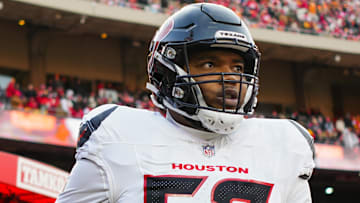 Houston Texans offensive tackle Blake Fisher (57) takes the field prior to a 2025 AFC divisional round game against the Kansas City Chiefs at GEHA Field at Arrowhead Stadium.