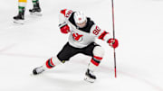 Mar 29, 2025; Saint Paul, Minnesota, USA; New Jersey Devils left wing Tomas Tatar (90) celebrates a goal against the Minnesota Wild in the third period at Xcel Energy Center. Mandatory Credit: Matt Blewett-Imagn Images